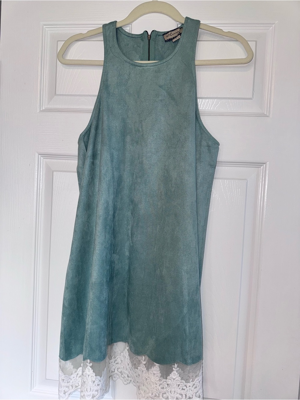 Ethereal Sleeveless Seafoam Mini Dress with White Lace Hem
